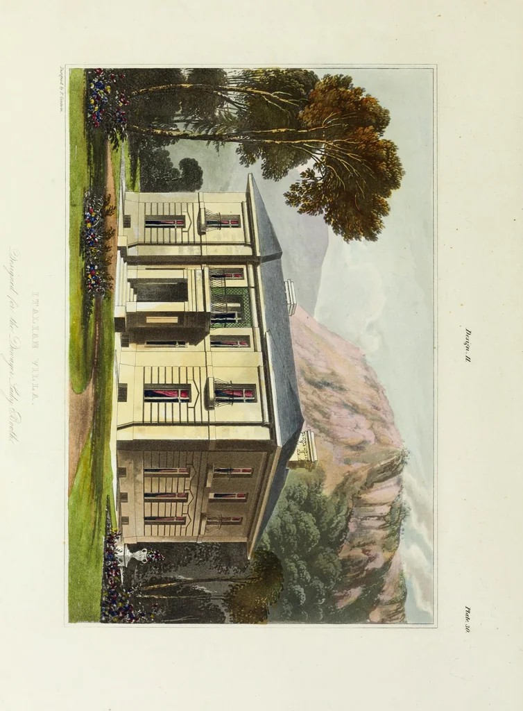 An illustration from Domestic architecture, being a series of designs for mansions, villas, rectory houses, parsonage houses, bailiffs' lodge, gardener's lodge, game-keeper's lodge, park gate lodges, etc. in the Grecian, Italian, and old English styles of architecture. With observations on the appropriate choice of site; the whole designed with strict reference to the practicability of erection, and with due attention to the important consideration of uniting elegance, convenience and domestic comfort with economy ... With accurate estimates appended to each design, 1833, leaf 92