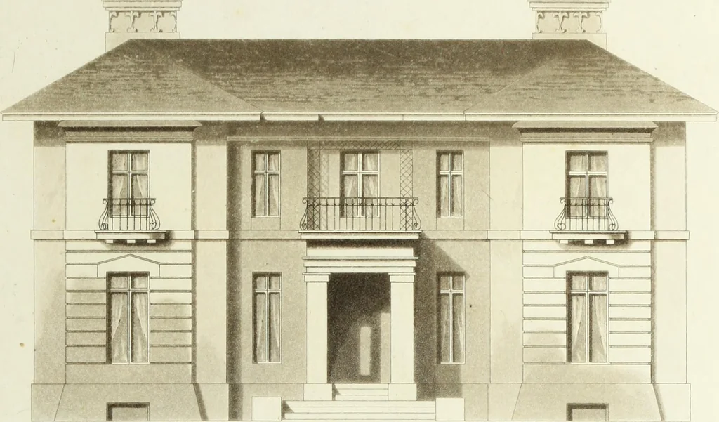 An illustration from Domestic architecture, being a series of designs for mansions, villas, rectory houses, parsonage houses, bailiffs' lodge, gardener's lodge, game-keeper's lodge, park gate lodges, etc. in the Grecian, Italian, and old English styles of architecture. With observations on the appropriate choice of site; the whole designed with strict reference to the practicability of erection, and with due attention to the important consideration of uniting elegance, convenience and domestic comfort with economy ... With accurate estimates appended to each design, 1833, leaf 93