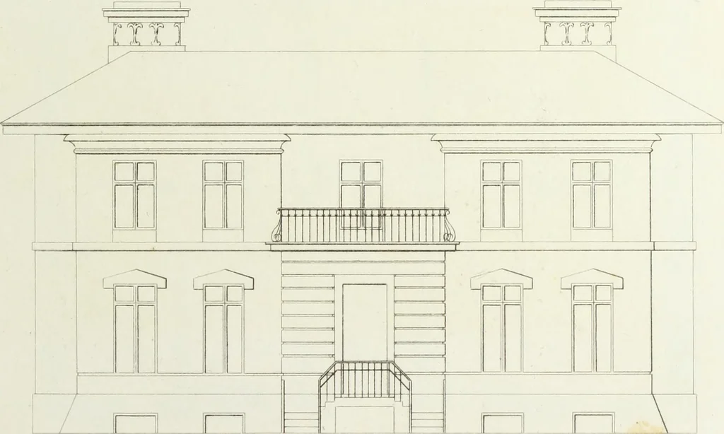 An illustration from Domestic architecture, being a series of designs for mansions, villas, rectory houses, parsonage houses, bailiffs' lodge, gardener's lodge, game-keeper's lodge, park gate lodges, etc. in the Grecian, Italian, and old English styles of architecture. With observations on the appropriate choice of site; the whole designed with strict reference to the practicability of erection, and with due attention to the important consideration of uniting elegance, convenience and domestic comfort with economy ... With accurate estimates appended to each design, 1833, leaf 93