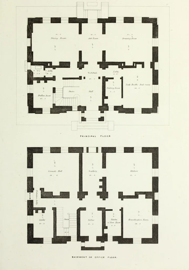 An illustration from Domestic architecture, being a series of designs for mansions, villas, rectory houses, parsonage houses, bailiffs' lodge, gardener's lodge, game-keeper's lodge, park gate lodges, etc. in the Grecian, Italian, and old English styles of architecture. With observations on the appropriate choice of site; the whole designed with strict reference to the practicability of erection, and with due attention to the important consideration of uniting elegance, convenience and domestic comfort with economy ... With accurate estimates appended to each design, 1833, leaf 97