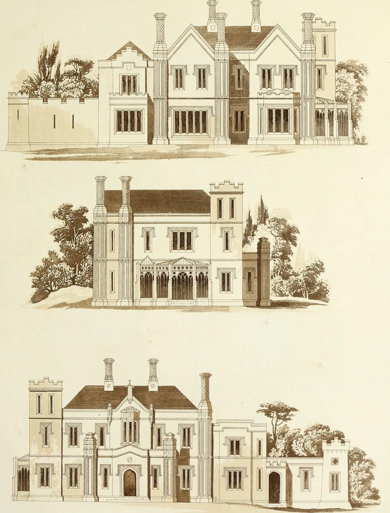 An illustration from Domestic architecture, being a series of designs, for mansions, villas, rectory houses, parsonage houses, bailiff's lodge, gardener's lodge, game-keeper's lodge, park-gate lodges, etc., in the Grecian, Italian, and old English style of architecture : with observations on the appropriate choice of site, the whole designed with strict reference to the practicability of erection, and with due attention to the important consideration of uniting elegance, convenience and domestic comfort with economy, the whole being the result of upwards of thirty years professional experience : with accurate estimates appended to each design, 1850, leaf 100