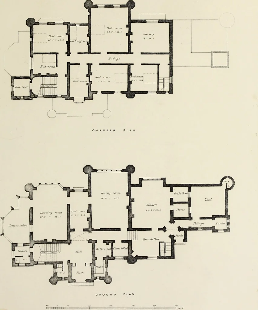 An illustration from Domestic architecture, being a series of designs, for mansions, villas, rectory houses, parsonage houses, bailiff's lodge, gardener's lodge, game-keeper's lodge, park-gate lodges, etc., in the Grecian, Italian, and old English style of architecture : with observations on the appropriate choice of site, the whole designed with strict reference to the practicability of erection, and with due attention to the important consideration of uniting elegance, convenience and domestic comfort with economy, the whole being the result of upwards of thirty years professional experience : with accurate estimates appended to each design, 1850, leaf 102
