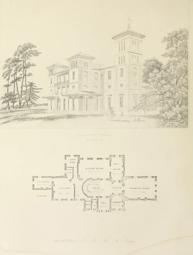An illustration from Domestic architecture, being a series of designs, for mansions, villas, rectory houses, parsonage houses, bailiff's lodge, gardener's lodge, game-keeper's lodge, park-gate lodges, etc., in the Grecian, Italian, and old English style of architecture : with observations on the appropriate choice of site, the whole designed with strict reference to the practicability of erection, and with due attention to the important consideration of uniting elegance, convenience and domestic comfort with economy, the whole being the result of upwards of thirty years professional experience : with accurate estimates appended to each design, 1850, leaf 105