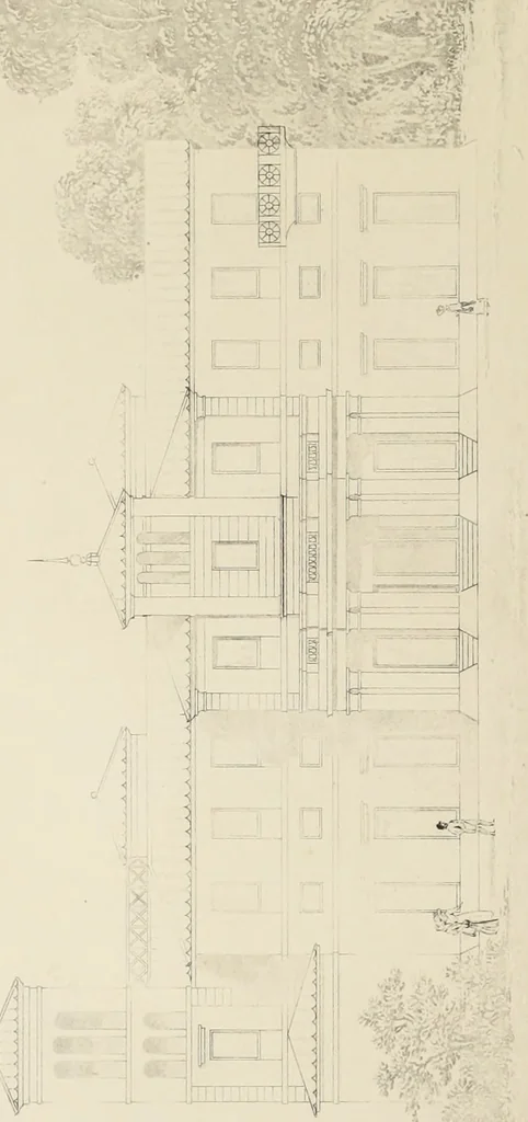 An illustration from Domestic architecture, being a series of designs, for mansions, villas, rectory houses, parsonage houses, bailiff's lodge, gardener's lodge, game-keeper's lodge, park-gate lodges, etc., in the Grecian, Italian, and old English style of architecture : with observations on the appropriate choice of site, the whole designed with strict reference to the practicability of erection, and with due attention to the important consideration of uniting elegance, convenience and domestic comfort with economy, the whole being the result of upwards of thirty years professional experience : with accurate estimates appended to each design, 1850, leaf 109