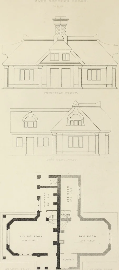 An illustration from Domestic architecture, being a series of designs, for mansions, villas, rectory houses, parsonage houses, bailiff's lodge, gardener's lodge, game-keeper's lodge, park-gate lodges, etc., in the Grecian, Italian, and old English style of architecture : with observations on the appropriate choice of site, the whole designed with strict reference to the practicability of erection, and with due attention to the important consideration of uniting elegance, convenience and domestic comfort with economy, the whole being the result of upwards of thirty years professional experience : with accurate estimates appended to each design, 1850, leaf 11