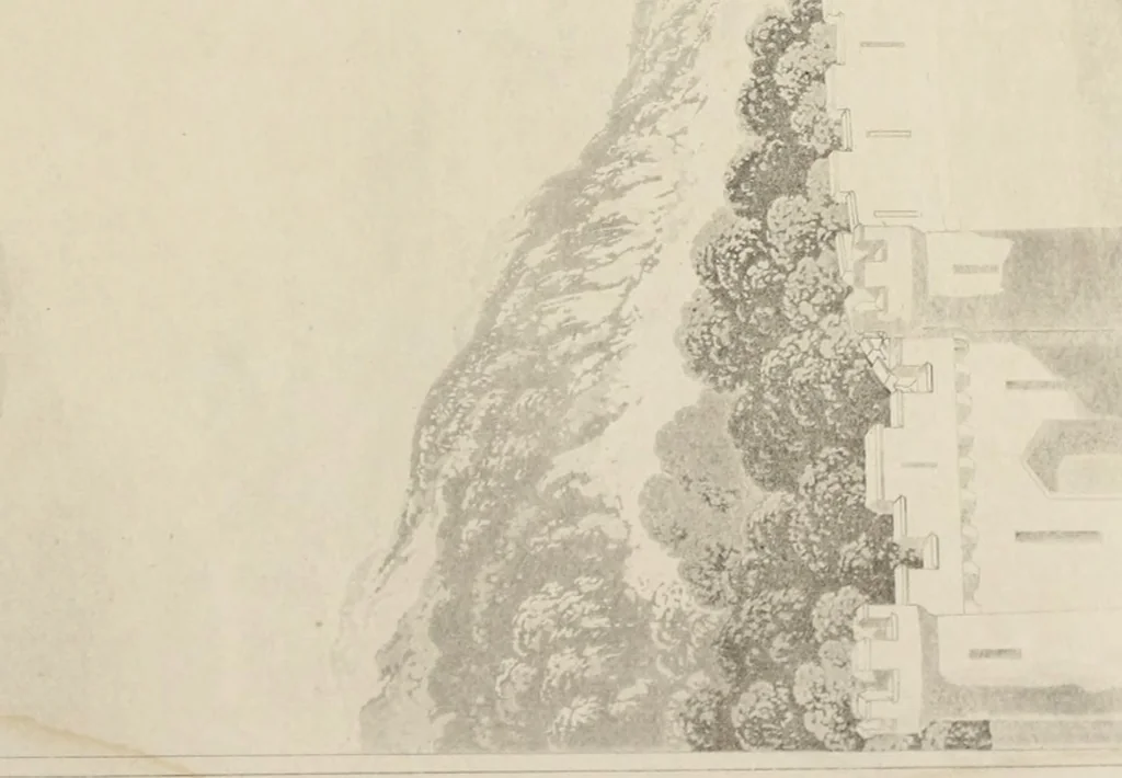 An illustration from Domestic architecture, being a series of designs, for mansions, villas, rectory houses, parsonage houses, bailiff's lodge, gardener's lodge, game-keeper's lodge, park-gate lodges, etc., in the Grecian, Italian, and old English style of architecture : with observations on the appropriate choice of site, the whole designed with strict reference to the practicability of erection, and with due attention to the important consideration of uniting elegance, convenience and domestic comfort with economy, the whole being the result of upwards of thirty years professional experience : with accurate estimates appended to each design, 1850, leaf 114