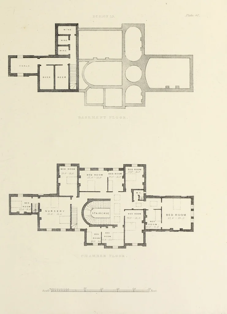 An illustration from Domestic architecture, being a series of designs, for mansions, villas, rectory houses, parsonage houses, bailiff's lodge, gardener's lodge, game-keeper's lodge, park-gate lodges, etc., in the Grecian, Italian, and old English style of architecture : with observations on the appropriate choice of site, the whole designed with strict reference to the practicability of erection, and with due attention to the important consideration of uniting elegance, convenience and domestic comfort with economy, the whole being the result of upwards of thirty years professional experience : with accurate estimates appended to each design, 1850, leaf 116