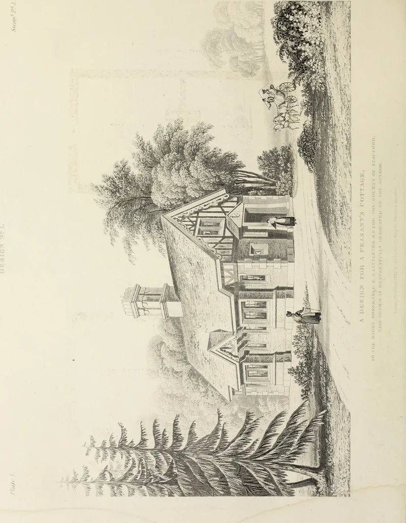 An illustration from Domestic architecture, being a series of designs, for mansions, villas, rectory houses, parsonage houses, bailiff's lodge, gardener's lodge, game-keeper's lodge, park-gate lodges, etc., in the Grecian, Italian, and old English style of architecture : with observations on the appropriate choice of site, the whole designed with strict reference to the practicability of erection, and with due attention to the important consideration of uniting elegance, convenience and domestic comfort with economy, the whole being the result of upwards of thirty years professional experience : with accurate estimates appended to each design, 1850, leaf 119