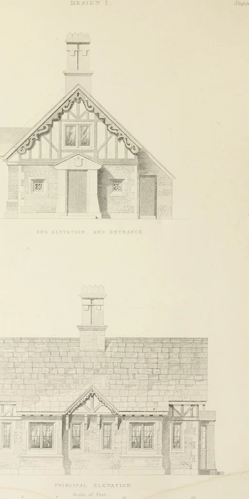 An illustration from Domestic architecture, being a series of designs, for mansions, villas, rectory houses, parsonage houses, bailiff's lodge, gardener's lodge, game-keeper's lodge, park-gate lodges, etc., in the Grecian, Italian, and old English style of architecture : with observations on the appropriate choice of site, the whole designed with strict reference to the practicability of erection, and with due attention to the important consideration of uniting elegance, convenience and domestic comfort with economy, the whole being the result of upwards of thirty years professional experience : with accurate estimates appended to each design, 1850, leaf 123