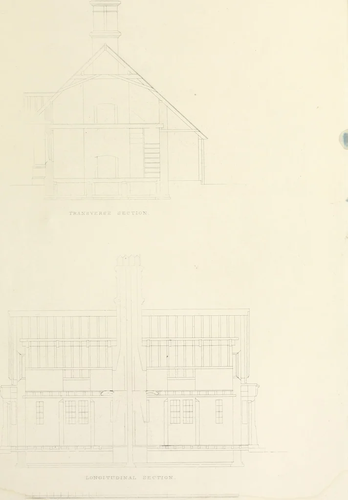 An illustration from Domestic architecture, being a series of designs, for mansions, villas, rectory houses, parsonage houses, bailiff's lodge, gardener's lodge, game-keeper's lodge, park-gate lodges, etc., in the Grecian, Italian, and old English style of architecture : with observations on the appropriate choice of site, the whole designed with strict reference to the practicability of erection, and with due attention to the important consideration of uniting elegance, convenience and domestic comfort with economy, the whole being the result of upwards of thirty years professional experience : with accurate estimates appended to each design, 1850, leaf 124