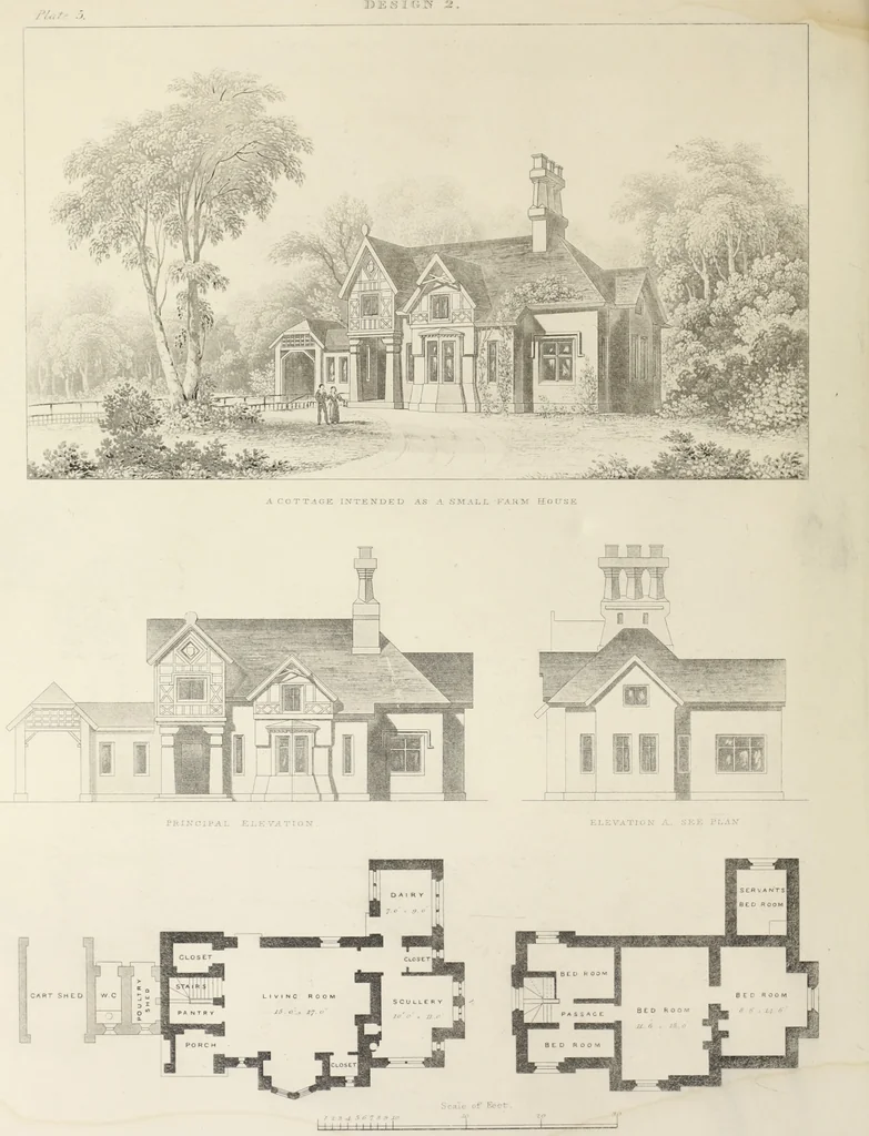 An illustration from Domestic architecture, being a series of designs, for mansions, villas, rectory houses, parsonage houses, bailiff's lodge, gardener's lodge, game-keeper's lodge, park-gate lodges, etc., in the Grecian, Italian, and old English style of architecture : with observations on the appropriate choice of site, the whole designed with strict reference to the practicability of erection, and with due attention to the important consideration of uniting elegance, convenience and domestic comfort with economy, the whole being the result of upwards of thirty years professional experience : with accurate estimates appended to each design, 1850, leaf 127