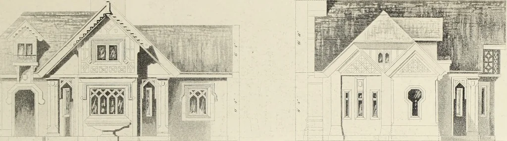 An illustration from Domestic architecture, being a series of designs, for mansions, villas, rectory houses, parsonage houses, bailiff's lodge, gardener's lodge, game-keeper's lodge, park-gate lodges, etc., in the Grecian, Italian, and old English style of architecture : with observations on the appropriate choice of site, the whole designed with strict reference to the practicability of erection, and with due attention to the important consideration of uniting elegance, convenience and domestic comfort with economy, the whole being the result of upwards of thirty years professional experience : with accurate estimates appended to each design, 1850, leaf 128