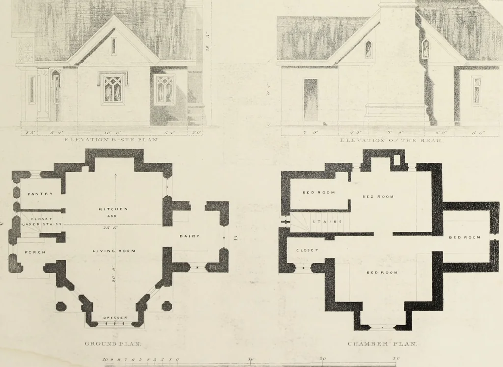 An illustration from Domestic architecture, being a series of designs, for mansions, villas, rectory houses, parsonage houses, bailiff's lodge, gardener's lodge, game-keeper's lodge, park-gate lodges, etc., in the Grecian, Italian, and old English style of architecture : with observations on the appropriate choice of site, the whole designed with strict reference to the practicability of erection, and with due attention to the important consideration of uniting elegance, convenience and domestic comfort with economy, the whole being the result of upwards of thirty years professional experience : with accurate estimates appended to each design, 1850, leaf 128