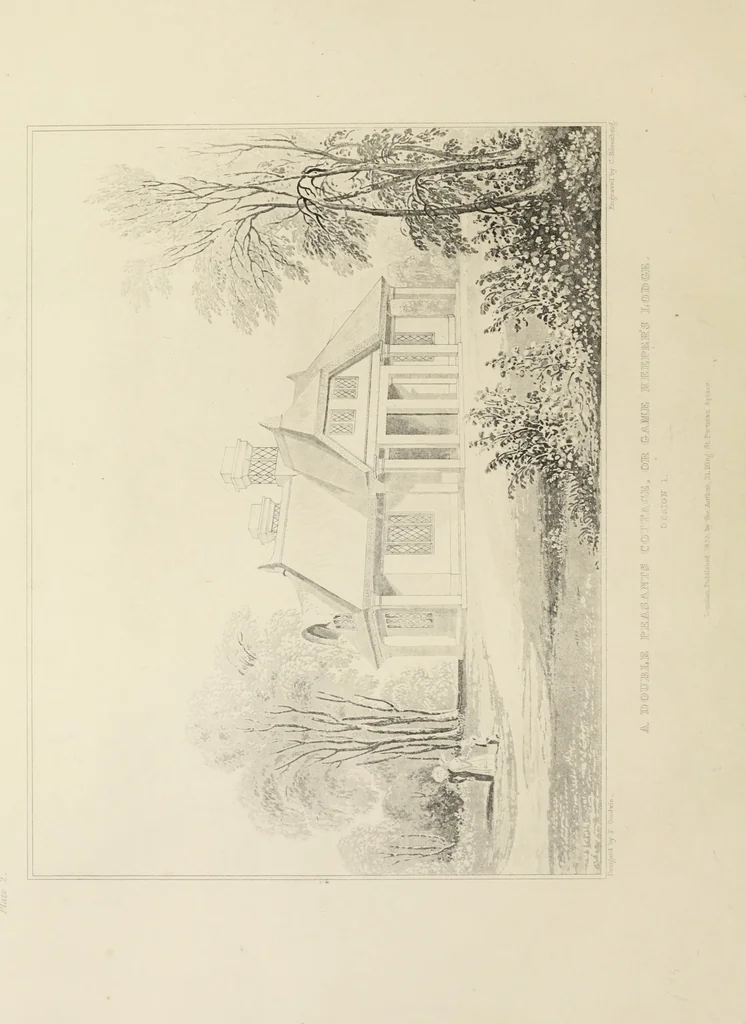 An illustration from Domestic architecture, being a series of designs, for mansions, villas, rectory houses, parsonage houses, bailiff's lodge, gardener's lodge, game-keeper's lodge, park-gate lodges, etc., in the Grecian, Italian, and old English style of architecture : with observations on the appropriate choice of site, the whole designed with strict reference to the practicability of erection, and with due attention to the important consideration of uniting elegance, convenience and domestic comfort with economy, the whole being the result of upwards of thirty years professional experience : with accurate estimates appended to each design, 1850, leaf 13