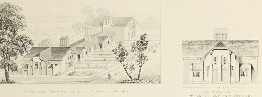 An illustration from Domestic architecture, being a series of designs, for mansions, villas, rectory houses, parsonage houses, bailiff's lodge, gardener's lodge, game-keeper's lodge, park-gate lodges, etc., in the Grecian, Italian, and old English style of architecture : with observations on the appropriate choice of site, the whole designed with strict reference to the practicability of erection, and with due attention to the important consideration of uniting elegance, convenience and domestic comfort with economy, the whole being the result of upwards of thirty years professional experience : with accurate estimates appended to each design, 1850, leaf 130
