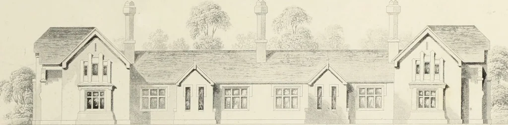 An illustration from Domestic architecture, being a series of designs, for mansions, villas, rectory houses, parsonage houses, bailiff's lodge, gardener's lodge, game-keeper's lodge, park-gate lodges, etc., in the Grecian, Italian, and old English style of architecture : with observations on the appropriate choice of site, the whole designed with strict reference to the practicability of erection, and with due attention to the important consideration of uniting elegance, convenience and domestic comfort with economy, the whole being the result of upwards of thirty years professional experience : with accurate estimates appended to each design, 1850, leaf 130