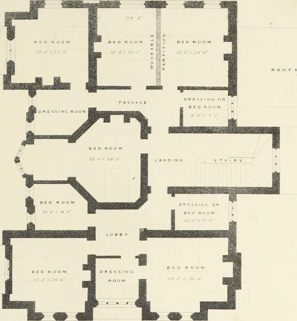 An illustration from Domestic architecture, being a series of designs, for mansions, villas, rectory houses, parsonage houses, bailiff's lodge, gardener's lodge, game-keeper's lodge, park-gate lodges, etc., in the Grecian, Italian, and old English style of architecture : with observations on the appropriate choice of site, the whole designed with strict reference to the practicability of erection, and with due attention to the important consideration of uniting elegance, convenience and domestic comfort with economy, the whole being the result of upwards of thirty years professional experience : with accurate estimates appended to each design, 1850, leaf 132