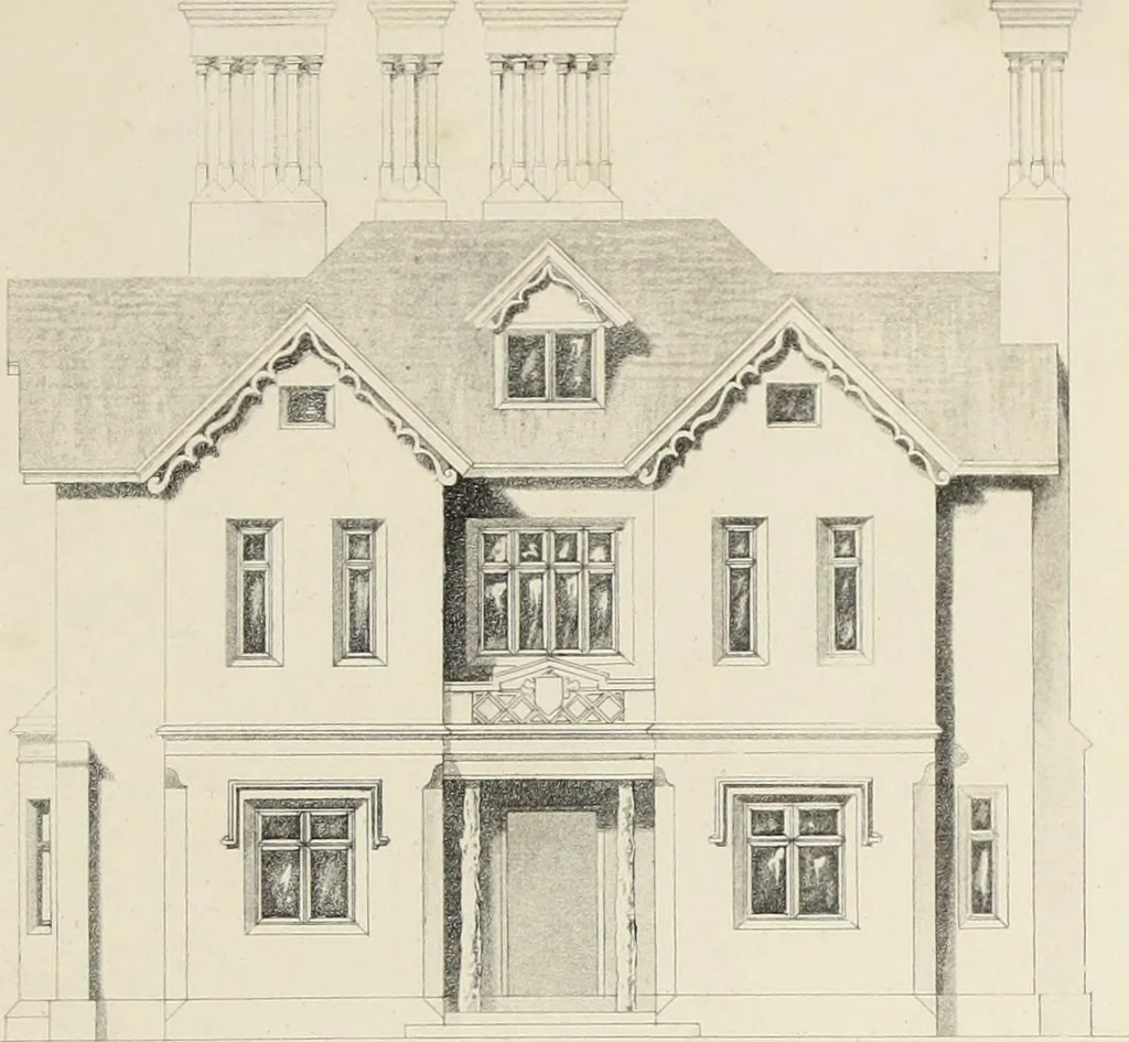An illustration from Domestic architecture, being a series of designs, for mansions, villas, rectory houses, parsonage houses, bailiff's lodge, gardener's lodge, game-keeper's lodge, park-gate lodges, etc., in the Grecian, Italian, and old English style of architecture : with observations on the appropriate choice of site, the whole designed with strict reference to the practicability of erection, and with due attention to the important consideration of uniting elegance, convenience and domestic comfort with economy, the whole being the result of upwards of thirty years professional experience : with accurate estimates appended to each design, 1850, leaf 134