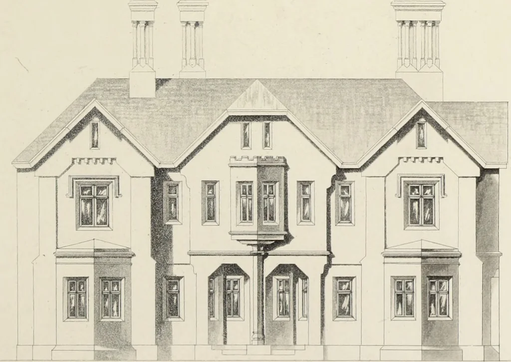An illustration from Domestic architecture, being a series of designs, for mansions, villas, rectory houses, parsonage houses, bailiff's lodge, gardener's lodge, game-keeper's lodge, park-gate lodges, etc., in the Grecian, Italian, and old English style of architecture : with observations on the appropriate choice of site, the whole designed with strict reference to the practicability of erection, and with due attention to the important consideration of uniting elegance, convenience and domestic comfort with economy, the whole being the result of upwards of thirty years professional experience : with accurate estimates appended to each design, 1850, leaf 134