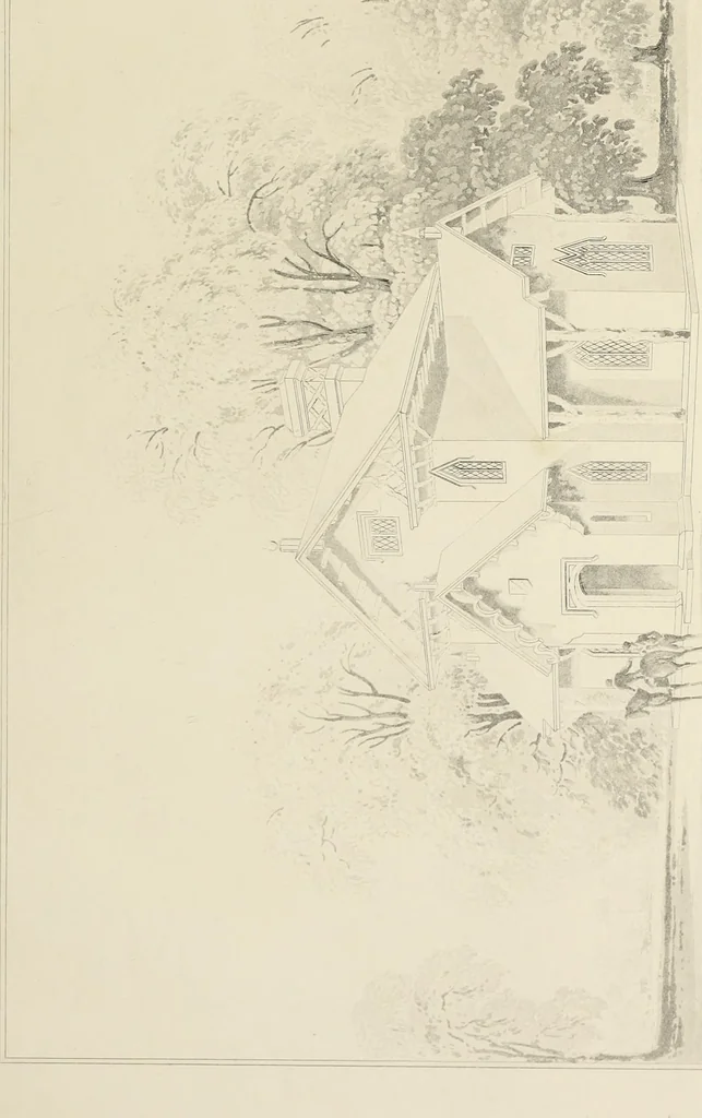 An illustration from Domestic architecture, being a series of designs, for mansions, villas, rectory houses, parsonage houses, bailiff's lodge, gardener's lodge, game-keeper's lodge, park-gate lodges, etc., in the Grecian, Italian, and old English style of architecture : with observations on the appropriate choice of site, the whole designed with strict reference to the practicability of erection, and with due attention to the important consideration of uniting elegance, convenience and domestic comfort with economy, the whole being the result of upwards of thirty years professional experience : with accurate estimates appended to each design, 1850, leaf 18