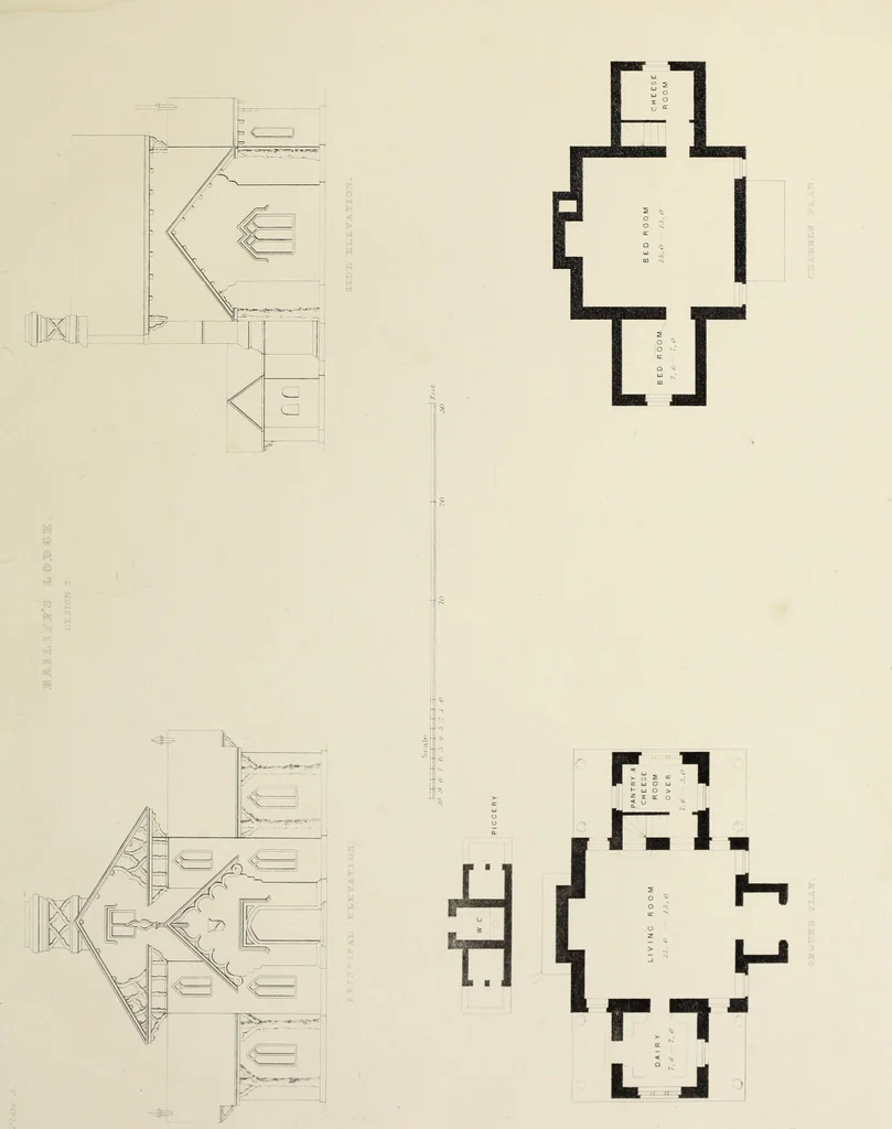 An illustration from Domestic architecture, being a series of designs, for mansions, villas, rectory houses, parsonage houses, bailiff's lodge, gardener's lodge, game-keeper's lodge, park-gate lodges, etc., in the Grecian, Italian, and old English style of architecture : with observations on the appropriate choice of site, the whole designed with strict reference to the practicability of erection, and with due attention to the important consideration of uniting elegance, convenience and domestic comfort with economy, the whole being the result of upwards of thirty years professional experience : with accurate estimates appended to each design, 1850, leaf 20