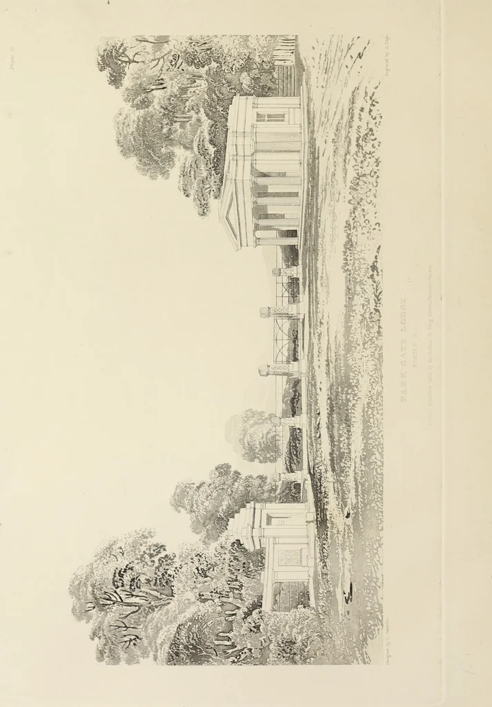 An illustration from Domestic architecture, being a series of designs, for mansions, villas, rectory houses, parsonage houses, bailiff's lodge, gardener's lodge, game-keeper's lodge, park-gate lodges, etc., in the Grecian, Italian, and old English style of architecture : with observations on the appropriate choice of site, the whole designed with strict reference to the practicability of erection, and with due attention to the important consideration of uniting elegance, convenience and domestic comfort with economy, the whole being the result of upwards of thirty years professional experience : with accurate estimates appended to each design, 1850, leaf 23