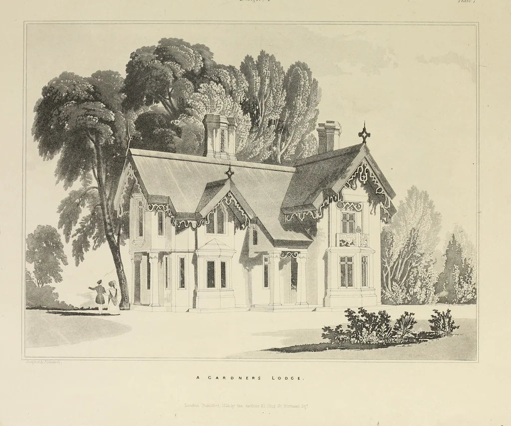 An illustration from Domestic architecture, being a series of designs, for mansions, villas, rectory houses, parsonage houses, bailiff's lodge, gardener's lodge, game-keeper's lodge, park-gate lodges, etc., in the Grecian, Italian, and old English style of architecture : with observations on the appropriate choice of site, the whole designed with strict reference to the practicability of erection, and with due attention to the important consideration of uniting elegance, convenience and domestic comfort with economy, the whole being the result of upwards of thirty years professional experience : with accurate estimates appended to each design, 1850, leaf 28