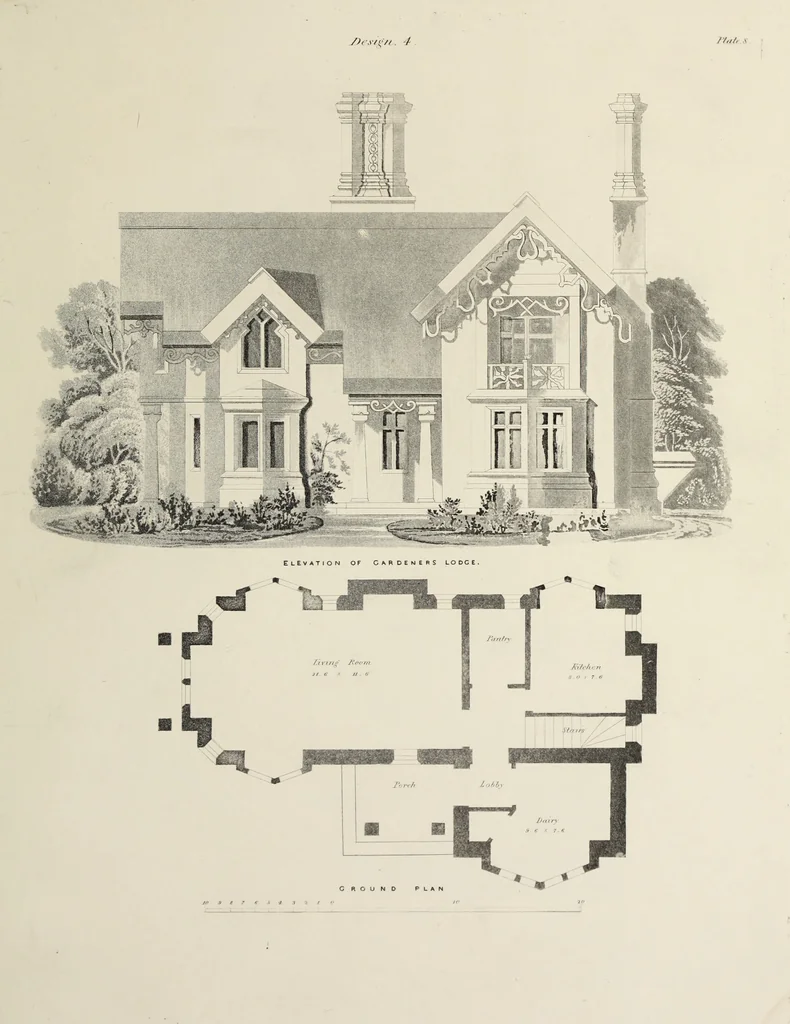 An illustration from Domestic architecture, being a series of designs, for mansions, villas, rectory houses, parsonage houses, bailiff's lodge, gardener's lodge, game-keeper's lodge, park-gate lodges, etc., in the Grecian, Italian, and old English style of architecture : with observations on the appropriate choice of site, the whole designed with strict reference to the practicability of erection, and with due attention to the important consideration of uniting elegance, convenience and domestic comfort with economy, the whole being the result of upwards of thirty years professional experience : with accurate estimates appended to each design, 1850, leaf 30