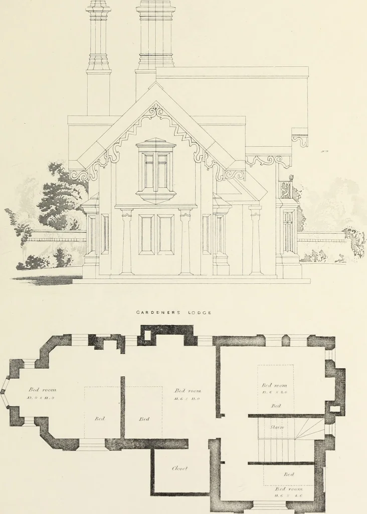 An illustration from Domestic architecture, being a series of designs, for mansions, villas, rectory houses, parsonage houses, bailiff's lodge, gardener's lodge, game-keeper's lodge, park-gate lodges, etc., in the Grecian, Italian, and old English style of architecture : with observations on the appropriate choice of site, the whole designed with strict reference to the practicability of erection, and with due attention to the important consideration of uniting elegance, convenience and domestic comfort with economy, the whole being the result of upwards of thirty years professional experience : with accurate estimates appended to each design, 1850, leaf 32