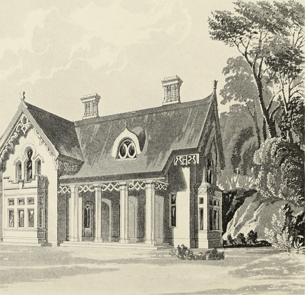 An illustration from Domestic architecture, being a series of designs, for mansions, villas, rectory houses, parsonage houses, bailiff's lodge, gardener's lodge, game-keeper's lodge, park-gate lodges, etc., in the Grecian, Italian, and old English style of architecture : with observations on the appropriate choice of site, the whole designed with strict reference to the practicability of erection, and with due attention to the important consideration of uniting elegance, convenience and domestic comfort with economy, the whole being the result of upwards of thirty years professional experience : with accurate estimates appended to each design, 1850, leaf 35