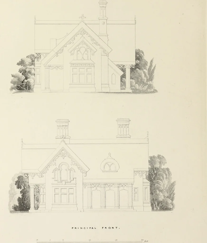 An illustration from Domestic architecture, being a series of designs, for mansions, villas, rectory houses, parsonage houses, bailiff's lodge, gardener's lodge, game-keeper's lodge, park-gate lodges, etc., in the Grecian, Italian, and old English style of architecture : with observations on the appropriate choice of site, the whole designed with strict reference to the practicability of erection, and with due attention to the important consideration of uniting elegance, convenience and domestic comfort with economy, the whole being the result of upwards of thirty years professional experience : with accurate estimates appended to each design, 1850, leaf 37