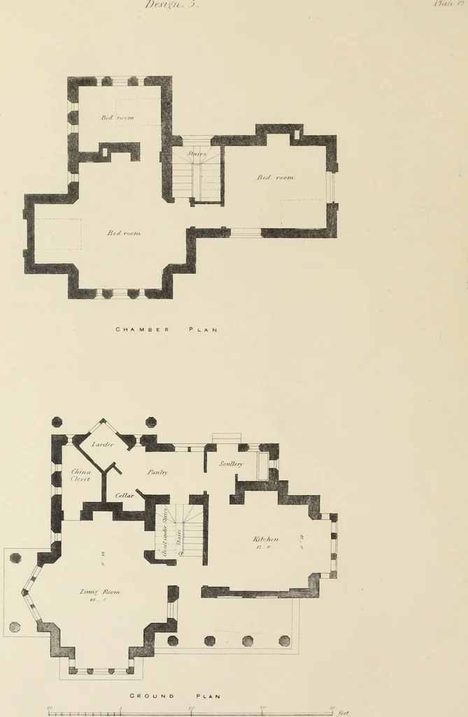 An illustration from Domestic architecture, being a series of designs, for mansions, villas, rectory houses, parsonage houses, bailiff's lodge, gardener's lodge, game-keeper's lodge, park-gate lodges, etc., in the Grecian, Italian, and old English style of architecture : with observations on the appropriate choice of site, the whole designed with strict reference to the practicability of erection, and with due attention to the important consideration of uniting elegance, convenience and domestic comfort with economy, the whole being the result of upwards of thirty years professional experience : with accurate estimates appended to each design, 1850, leaf 39