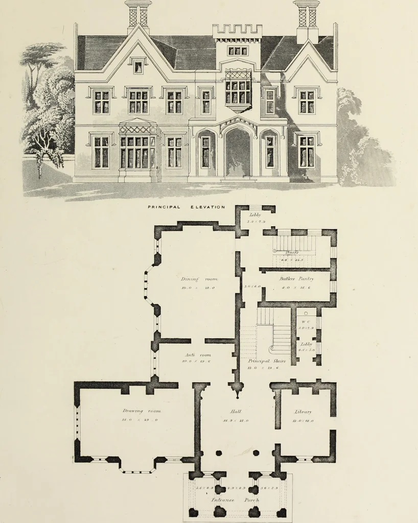 An illustration from Domestic architecture, being a series of designs, for mansions, villas, rectory houses, parsonage houses, bailiff's lodge, gardener's lodge, game-keeper's lodge, park-gate lodges, etc., in the Grecian, Italian, and old English style of architecture : with observations on the appropriate choice of site, the whole designed with strict reference to the practicability of erection, and with due attention to the important consideration of uniting elegance, convenience and domestic comfort with economy, the whole being the result of upwards of thirty years professional experience : with accurate estimates appended to each design, 1850, leaf 46