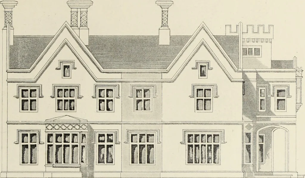 An illustration from Domestic architecture, being a series of designs, for mansions, villas, rectory houses, parsonage houses, bailiff's lodge, gardener's lodge, game-keeper's lodge, park-gate lodges, etc., in the Grecian, Italian, and old English style of architecture : with observations on the appropriate choice of site, the whole designed with strict reference to the practicability of erection, and with due attention to the important consideration of uniting elegance, convenience and domestic comfort with economy, the whole being the result of upwards of thirty years professional experience : with accurate estimates appended to each design, 1850, leaf 48