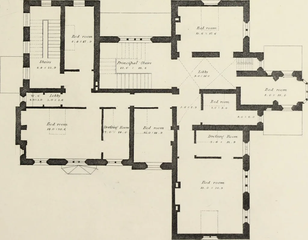 An illustration from Domestic architecture, being a series of designs, for mansions, villas, rectory houses, parsonage houses, bailiff's lodge, gardener's lodge, game-keeper's lodge, park-gate lodges, etc., in the Grecian, Italian, and old English style of architecture : with observations on the appropriate choice of site, the whole designed with strict reference to the practicability of erection, and with due attention to the important consideration of uniting elegance, convenience and domestic comfort with economy, the whole being the result of upwards of thirty years professional experience : with accurate estimates appended to each design, 1850, leaf 48