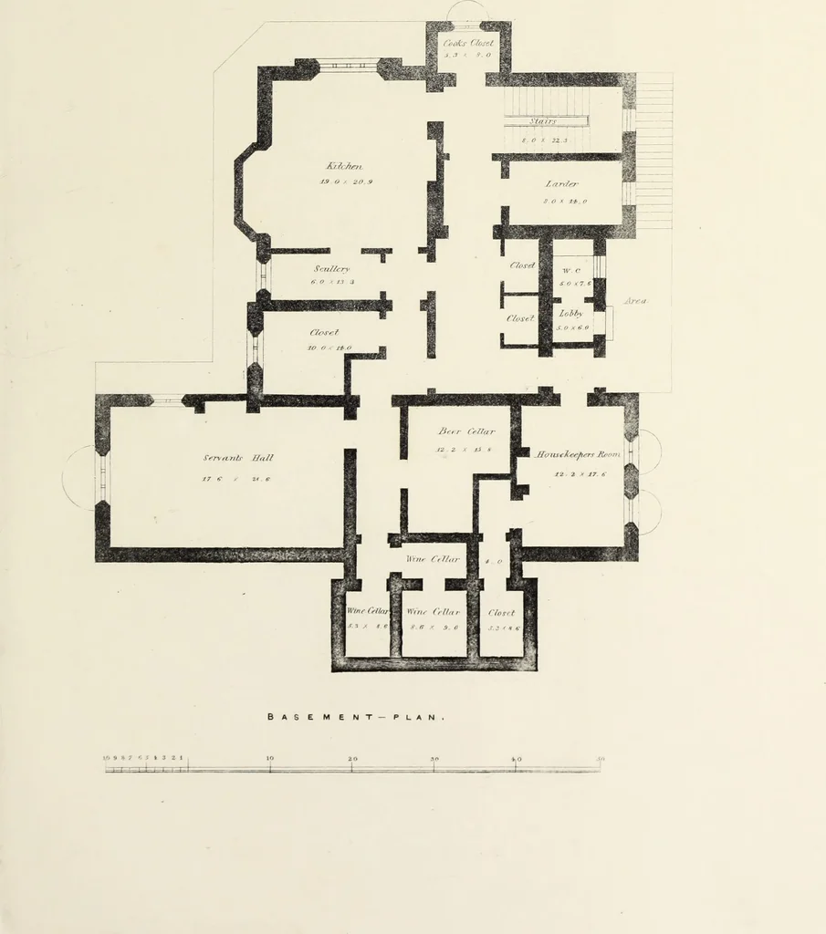 An illustration from Domestic architecture, being a series of designs, for mansions, villas, rectory houses, parsonage houses, bailiff's lodge, gardener's lodge, game-keeper's lodge, park-gate lodges, etc., in the Grecian, Italian, and old English style of architecture : with observations on the appropriate choice of site, the whole designed with strict reference to the practicability of erection, and with due attention to the important consideration of uniting elegance, convenience and domestic comfort with economy, the whole being the result of upwards of thirty years professional experience : with accurate estimates appended to each design, 1850, leaf 50