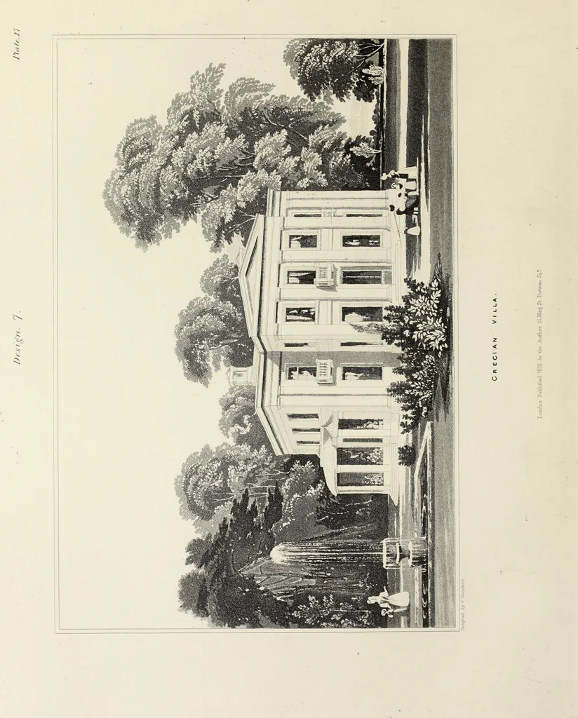 An illustration from Domestic architecture, being a series of designs, for mansions, villas, rectory houses, parsonage houses, bailiff's lodge, gardener's lodge, game-keeper's lodge, park-gate lodges, etc., in the Grecian, Italian, and old English style of architecture : with observations on the appropriate choice of site, the whole designed with strict reference to the practicability of erection, and with due attention to the important consideration of uniting elegance, convenience and domestic comfort with economy, the whole being the result of upwards of thirty years professional experience : with accurate estimates appended to each design, 1850, leaf 53