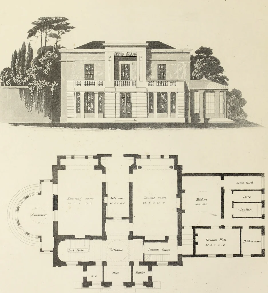 An illustration from Domestic architecture, being a series of designs, for mansions, villas, rectory houses, parsonage houses, bailiff's lodge, gardener's lodge, game-keeper's lodge, park-gate lodges, etc., in the Grecian, Italian, and old English style of architecture : with observations on the appropriate choice of site, the whole designed with strict reference to the practicability of erection, and with due attention to the important consideration of uniting elegance, convenience and domestic comfort with economy, the whole being the result of upwards of thirty years professional experience : with accurate estimates appended to each design, 1850, leaf 55