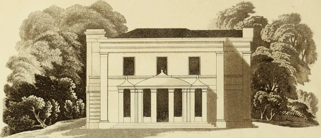 An illustration from Domestic architecture, being a series of designs, for mansions, villas, rectory houses, parsonage houses, bailiff's lodge, gardener's lodge, game-keeper's lodge, park-gate lodges, etc., in the Grecian, Italian, and old English style of architecture : with observations on the appropriate choice of site, the whole designed with strict reference to the practicability of erection, and with due attention to the important consideration of uniting elegance, convenience and domestic comfort with economy, the whole being the result of upwards of thirty years professional experience : with accurate estimates appended to each design, 1850, leaf 57