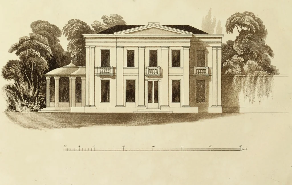 An illustration from Domestic architecture, being a series of designs, for mansions, villas, rectory houses, parsonage houses, bailiff's lodge, gardener's lodge, game-keeper's lodge, park-gate lodges, etc., in the Grecian, Italian, and old English style of architecture : with observations on the appropriate choice of site, the whole designed with strict reference to the practicability of erection, and with due attention to the important consideration of uniting elegance, convenience and domestic comfort with economy, the whole being the result of upwards of thirty years professional experience : with accurate estimates appended to each design, 1850, leaf 57