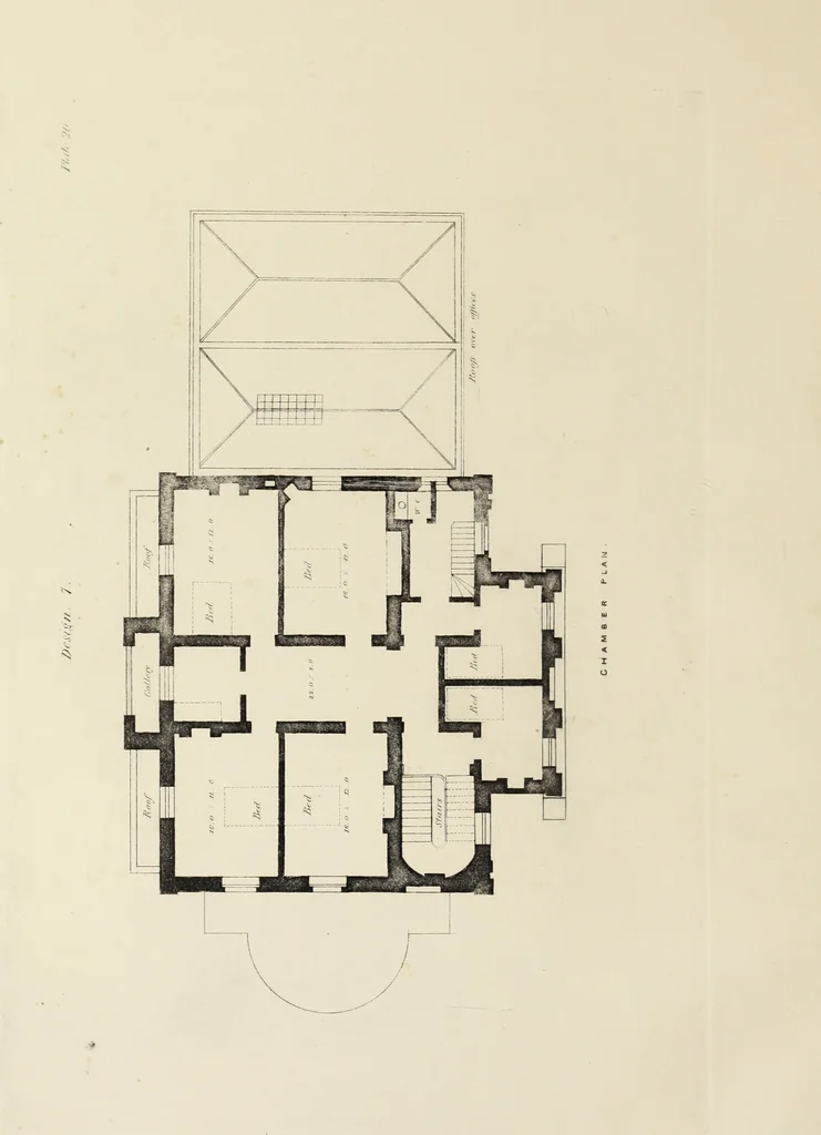 An illustration from Domestic architecture, being a series of designs, for mansions, villas, rectory houses, parsonage houses, bailiff's lodge, gardener's lodge, game-keeper's lodge, park-gate lodges, etc., in the Grecian, Italian, and old English style of architecture : with observations on the appropriate choice of site, the whole designed with strict reference to the practicability of erection, and with due attention to the important consideration of uniting elegance, convenience and domestic comfort with economy, the whole being the result of upwards of thirty years professional experience : with accurate estimates appended to each design, 1850, leaf 59