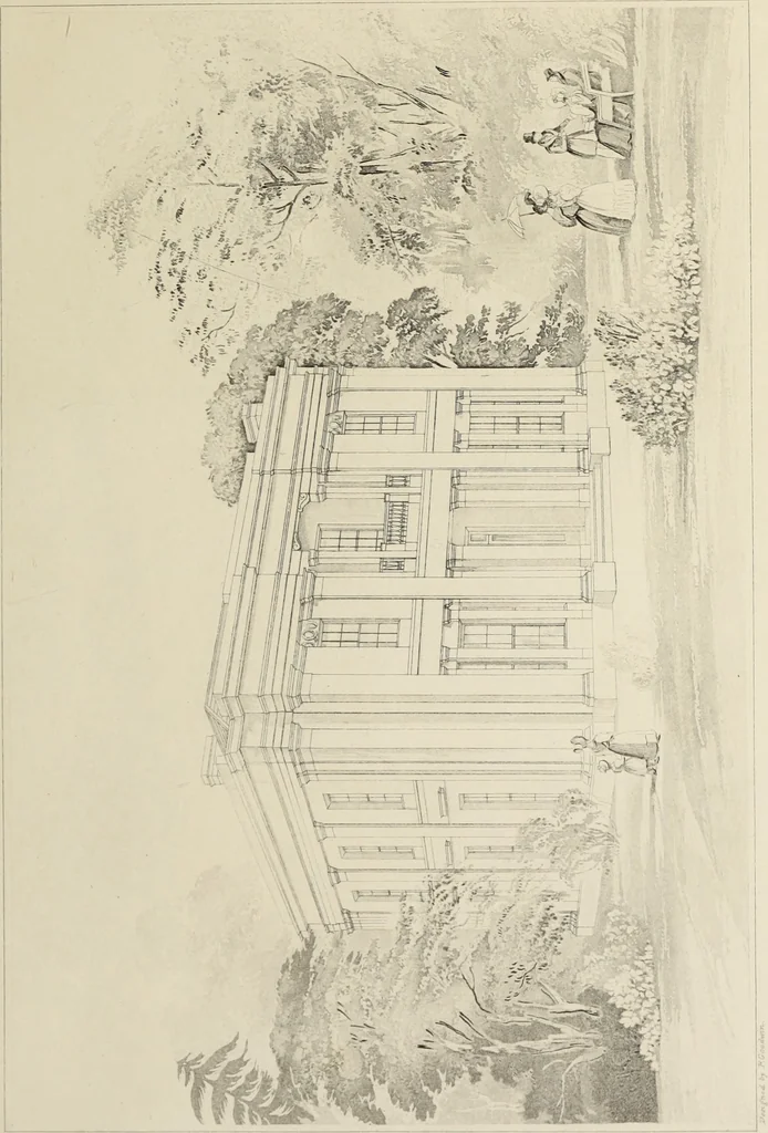 An illustration from Domestic architecture, being a series of designs, for mansions, villas, rectory houses, parsonage houses, bailiff's lodge, gardener's lodge, game-keeper's lodge, park-gate lodges, etc., in the Grecian, Italian, and old English style of architecture : with observations on the appropriate choice of site, the whole designed with strict reference to the practicability of erection, and with due attention to the important consideration of uniting elegance, convenience and domestic comfort with economy, the whole being the result of upwards of thirty years professional experience : with accurate estimates appended to each design, 1850, leaf 64