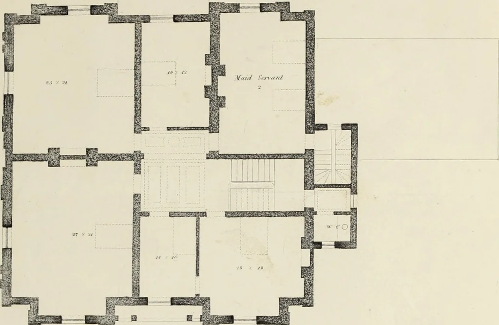 An illustration from Domestic architecture, being a series of designs, for mansions, villas, rectory houses, parsonage houses, bailiff's lodge, gardener's lodge, game-keeper's lodge, park-gate lodges, etc., in the Grecian, Italian, and old English style of architecture : with observations on the appropriate choice of site, the whole designed with strict reference to the practicability of erection, and with due attention to the important consideration of uniting elegance, convenience and domestic comfort with economy, the whole being the result of upwards of thirty years professional experience : with accurate estimates appended to each design, 1850, leaf 66