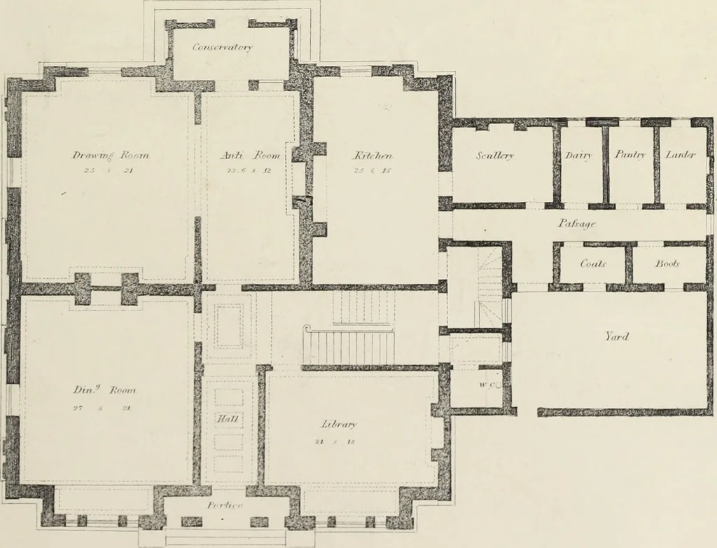 An illustration from Domestic architecture, being a series of designs, for mansions, villas, rectory houses, parsonage houses, bailiff's lodge, gardener's lodge, game-keeper's lodge, park-gate lodges, etc., in the Grecian, Italian, and old English style of architecture : with observations on the appropriate choice of site, the whole designed with strict reference to the practicability of erection, and with due attention to the important consideration of uniting elegance, convenience and domestic comfort with economy, the whole being the result of upwards of thirty years professional experience : with accurate estimates appended to each design, 1850, leaf 66