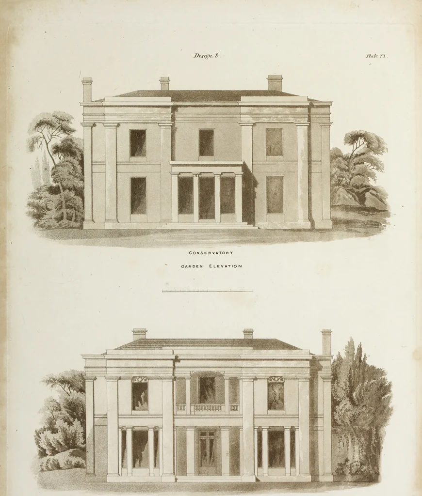 An illustration from Domestic architecture, being a series of designs, for mansions, villas, rectory houses, parsonage houses, bailiff's lodge, gardener's lodge, game-keeper's lodge, park-gate lodges, etc., in the Grecian, Italian, and old English style of architecture : with observations on the appropriate choice of site, the whole designed with strict reference to the practicability of erection, and with due attention to the important consideration of uniting elegance, convenience and domestic comfort with economy, the whole being the result of upwards of thirty years professional experience : with accurate estimates appended to each design, 1850, leaf 68