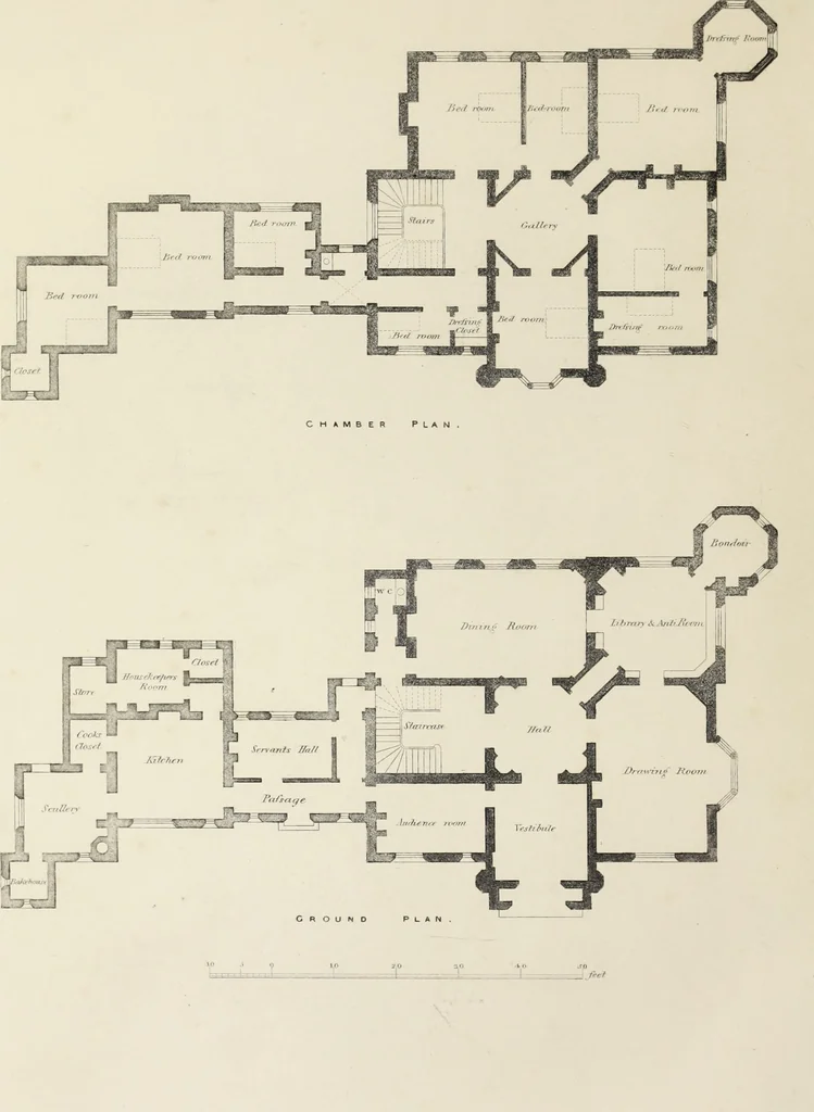 An illustration from Domestic architecture, being a series of designs, for mansions, villas, rectory houses, parsonage houses, bailiff's lodge, gardener's lodge, game-keeper's lodge, park-gate lodges, etc., in the Grecian, Italian, and old English style of architecture : with observations on the appropriate choice of site, the whole designed with strict reference to the practicability of erection, and with due attention to the important consideration of uniting elegance, convenience and domestic comfort with economy, the whole being the result of upwards of thirty years professional experience : with accurate estimates appended to each design, 1850, leaf 73