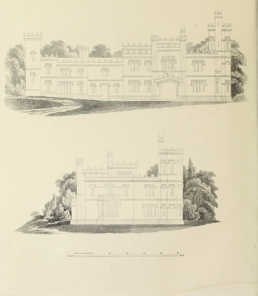 An illustration from Domestic architecture, being a series of designs, for mansions, villas, rectory houses, parsonage houses, bailiff's lodge, gardener's lodge, game-keeper's lodge, park-gate lodges, etc., in the Grecian, Italian, and old English style of architecture : with observations on the appropriate choice of site, the whole designed with strict reference to the practicability of erection, and with due attention to the important consideration of uniting elegance, convenience and domestic comfort with economy, the whole being the result of upwards of thirty years professional experience : with accurate estimates appended to each design, 1850, leaf 75