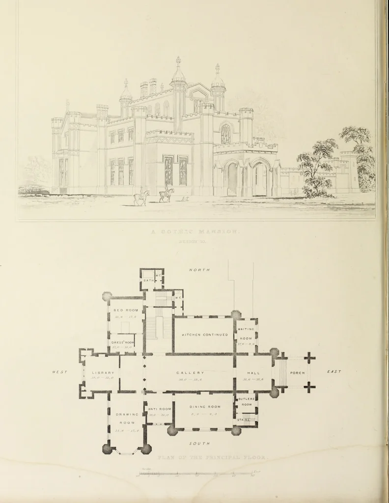 An illustration from Domestic architecture, being a series of designs, for mansions, villas, rectory houses, parsonage houses, bailiff's lodge, gardener's lodge, game-keeper's lodge, park-gate lodges, etc., in the Grecian, Italian, and old English style of architecture : with observations on the appropriate choice of site, the whole designed with strict reference to the practicability of erection, and with due attention to the important consideration of uniting elegance, convenience and domestic comfort with economy, the whole being the result of upwards of thirty years professional experience : with accurate estimates appended to each design, 1850, leaf 79