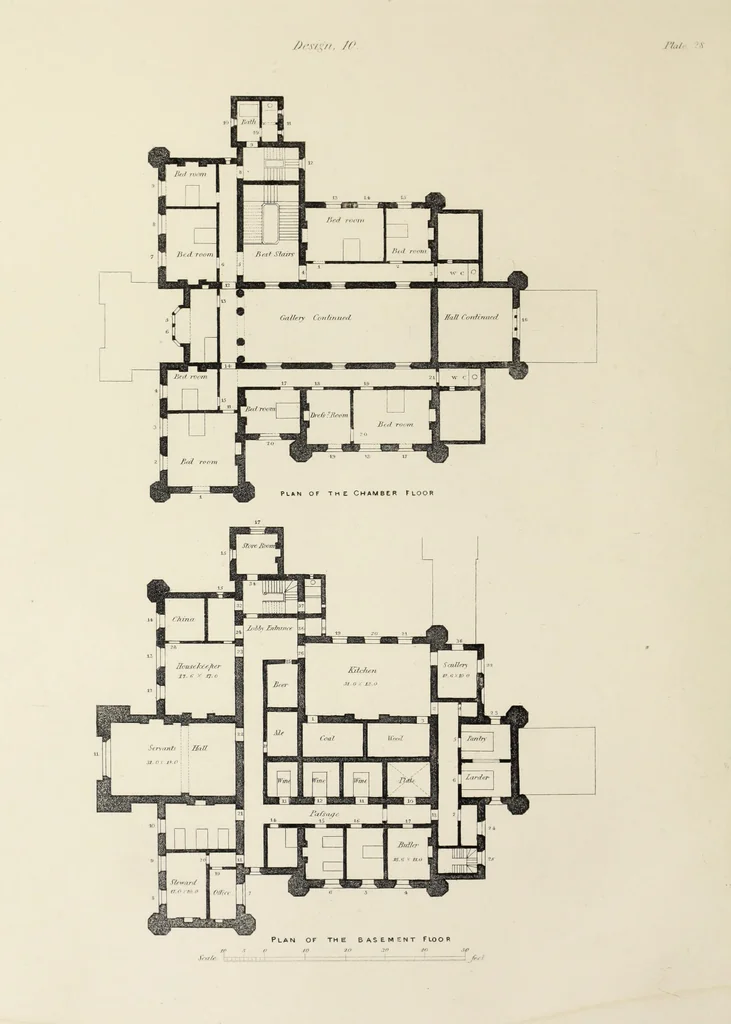 An illustration from Domestic architecture, being a series of designs, for mansions, villas, rectory houses, parsonage houses, bailiff's lodge, gardener's lodge, game-keeper's lodge, park-gate lodges, etc., in the Grecian, Italian, and old English style of architecture : with observations on the appropriate choice of site, the whole designed with strict reference to the practicability of erection, and with due attention to the important consideration of uniting elegance, convenience and domestic comfort with economy, the whole being the result of upwards of thirty years professional experience : with accurate estimates appended to each design, 1850, leaf 81