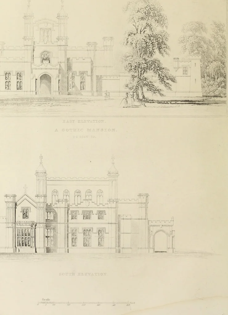 An illustration from Domestic architecture, being a series of designs, for mansions, villas, rectory houses, parsonage houses, bailiff's lodge, gardener's lodge, game-keeper's lodge, park-gate lodges, etc., in the Grecian, Italian, and old English style of architecture : with observations on the appropriate choice of site, the whole designed with strict reference to the practicability of erection, and with due attention to the important consideration of uniting elegance, convenience and domestic comfort with economy, the whole being the result of upwards of thirty years professional experience : with accurate estimates appended to each design, 1850, leaf 83